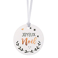 Etiquette Ronde Coeur et Etoiles Joyeux Noël avec Ruban Satin x12